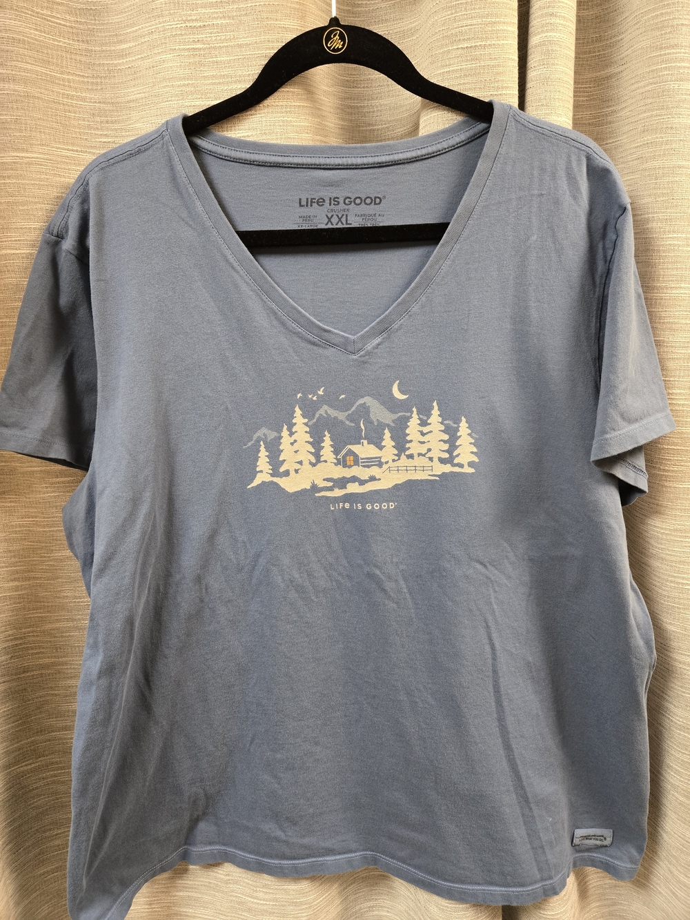 Life Is Good Women's Short Sleeve V-Neck Tee in Dusty Blue with Cream Graphic